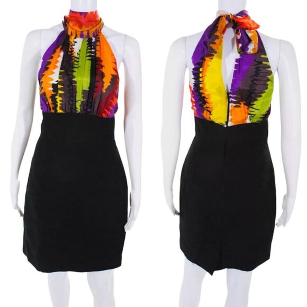 Trina Turk High Waist Halter Dress‎ Size 6 Abstract Silk Bodice Black Skirt Sexy